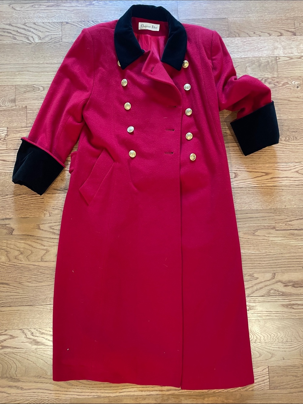 Dior VTG Red Double-Breasted Wool Trench Coat w Velvet Collar & Cuffs , CD buttn